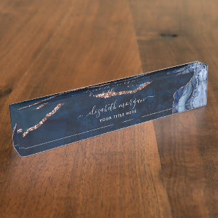 Porte-nom Pour Bureau Agate Marbre Bleu Rose Or Huile Signature Script