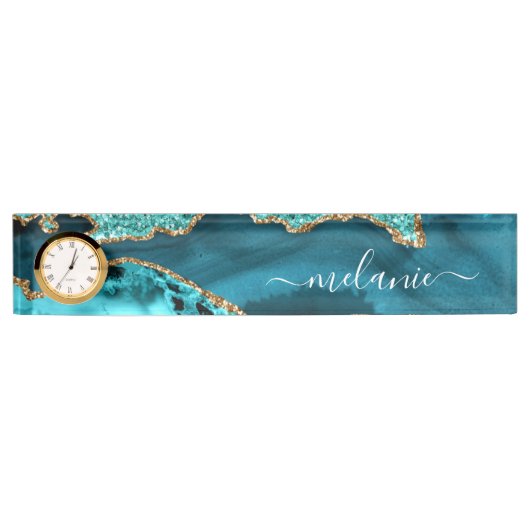 Porte-nom Pour Bureau Agate Turquoise Blue Gold Parties scintillant Marb (Devant)