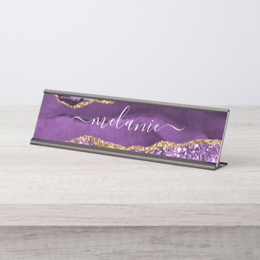 Porte-nom Pour Bureau Agate Violet violet or Parties scintillant Géode N (Devant)