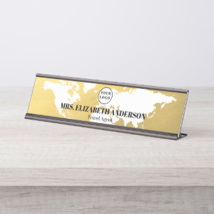 Porte-nom Pour Bureau Agence de voyage carte du monde en or de luxe avec