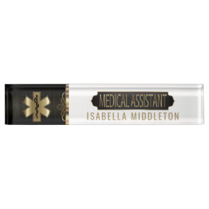 Porte-nom Pour Bureau Aide médical - noir, blanc et or