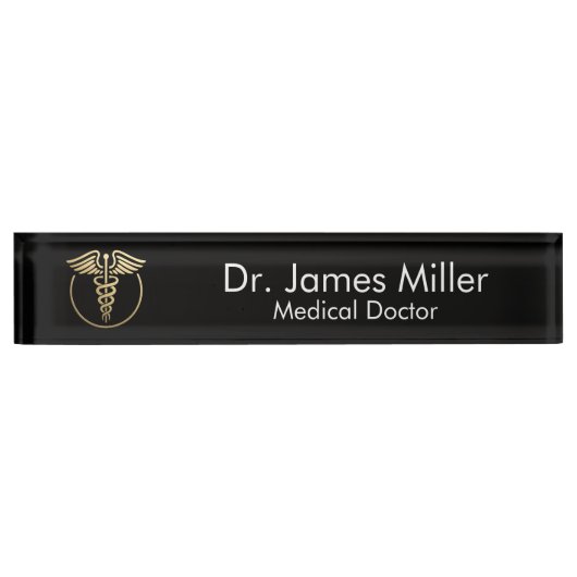 Porte-nom Pour Bureau Ajouter Votre Nom Médicale Caduceus Symbole Black  (Devant)