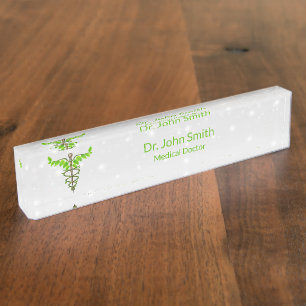 Porte-nom Pour Bureau Alternative Médicale Caduceus Vert Feuilles Blanc