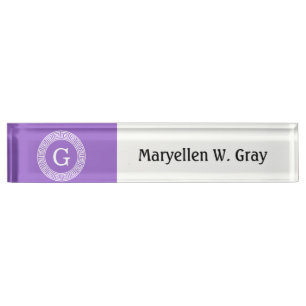 Porte-nom Pour Bureau Améthyste Wht Cadre Rnd Clé Grecque Monogramme Ini