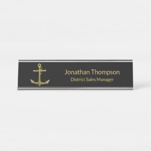 Porte-nom Pour Bureau Ancre classique en or nautique sur noir