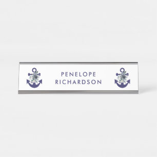 Porte-nom Pour Bureau Ancre florale nautique de bleu marine des fleurs