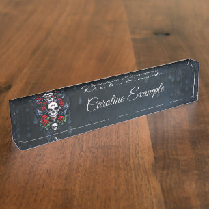 Porte-nom Pour Bureau Ange crâne sucre avec Roses.