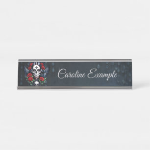 Porte-nom Pour Bureau Ange crâne sucre avec Roses.