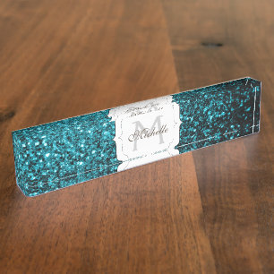 Porte-nom Pour Bureau Aqua bleu brillant faux parties scintillant scinti