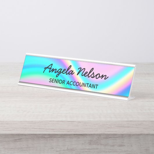 Porte-nom Pour Bureau Aqua Pink Iridescent Rainbow Wave Ombre (Devant)