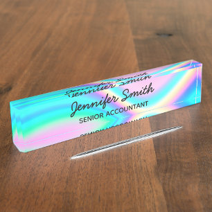 Porte-nom Pour Bureau Aqua Pink Iridescente Rainbow Wave Ombre