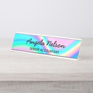 Porte-nom Pour Bureau Aqua Rose Iridescent Arc-en-Ciel Vague Ombre