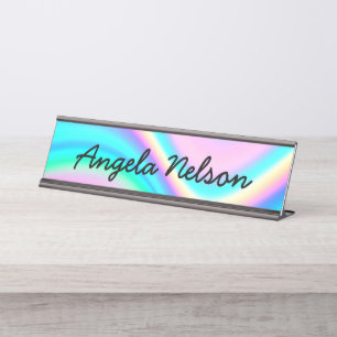Porte-nom Pour Bureau Aqua Rose Iridescent Vague Arc-en-ciel