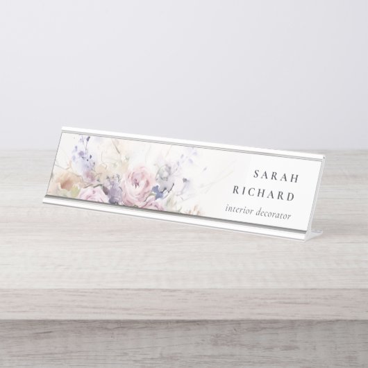 Porte-nom Pour Bureau Aquarelle Abstraite Lilac Rose Floral Bunch (Devant)