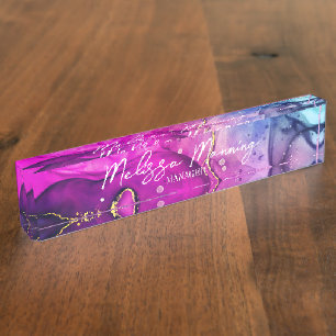 Porte-nom Pour Bureau Aquarelle Abstraite moderne violet rose
