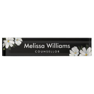 Porte-nom Pour Bureau Aquarelle Blanc Cosmos Fleurs Peinture Botanique