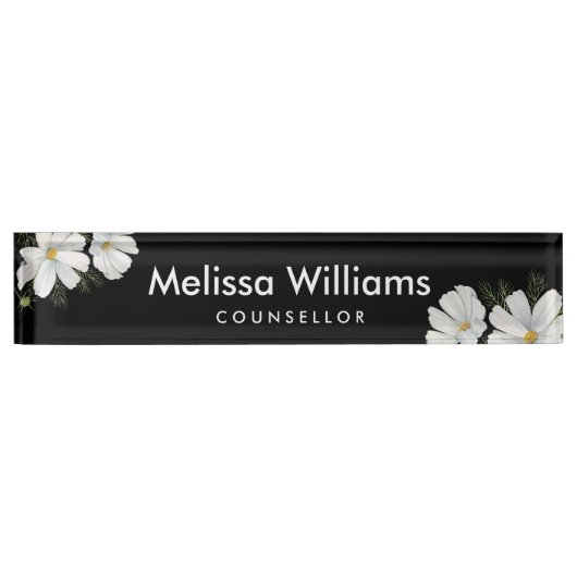 Porte-nom Pour Bureau Aquarelle Blanc Cosmos Fleurs Peinture Botanique (Devant)