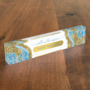Porte-nom Pour Bureau Aquarelle bleue Marbre et or Foil