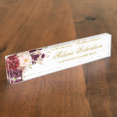 Porte-nom Pour Bureau Aquarelle Bourgogne Floral Or (Taille)