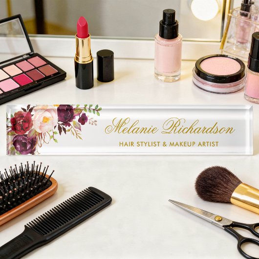 Porte-nom Pour Bureau Aquarelle Bourgogne Floral Or