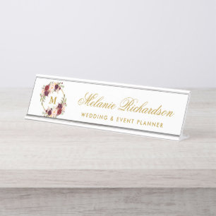 Porte-nom Pour Bureau Aquarelle Bourgogne Floral Wreath Or Monogramme