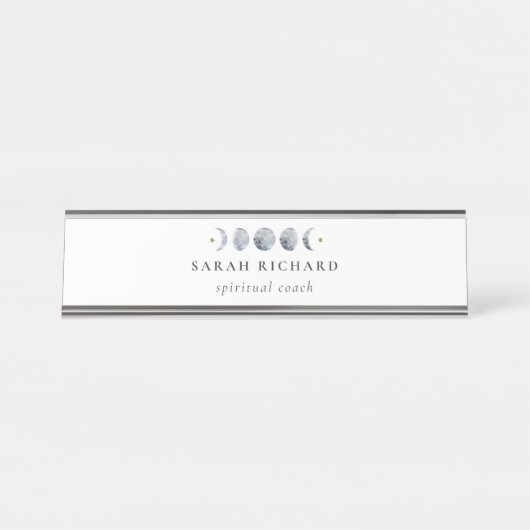 Porte-nom Pour Bureau Aquarelle de phase de lune céleste grise simple (Devant)