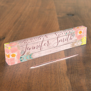 Porte-nom Pour Bureau Aquarelle en bois rustique Rose clair Floral