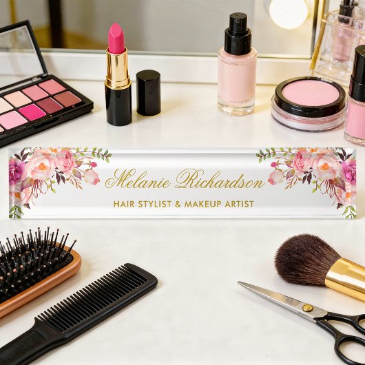 Porte-nom Pour Bureau Aquarelle Floral Rose Blush Or