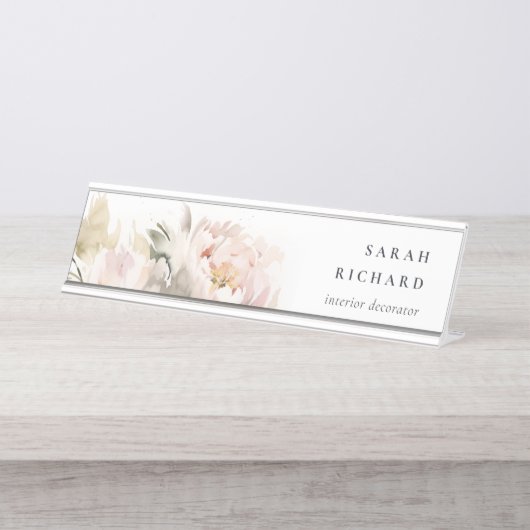 Porte-nom Pour Bureau Aquarelle florale moderne Dusky Blush Peony (Devant)
