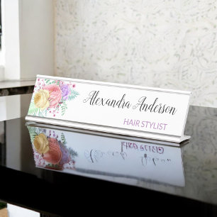 Porte-nom Pour Bureau Aquarelle florale Pastel rose violet jaune