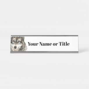 Porte-nom Pour Bureau Aquarelle Gris Loup Animal Love Loups Art