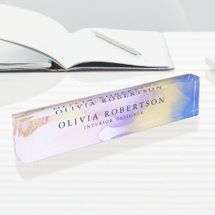 Porte-nom Pour Bureau Aquarelle Lilac Gold Elegant Moderne Personnalisé