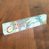 Porte-nom Pour Bureau Aquarelle mignonne de sirène Monogramme Turquoise (Taille)