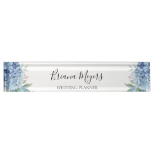 Porte-nom Pour Bureau Aquarelle Moderne Floral Blue Hydrangeas Business