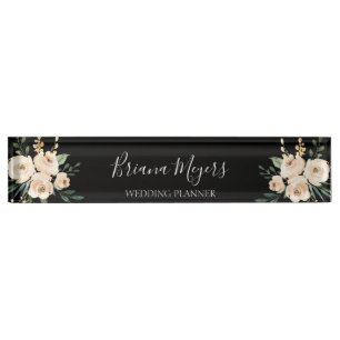Porte-nom Pour Bureau Aquarelle moderne sur Black Floral Business
