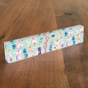Porte-nom Pour Bureau Aquarelle Nebula Ananas Gold Stripes Design