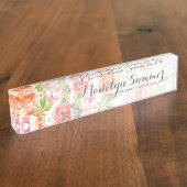 Porte-nom Pour Bureau Aquarelle peinte Fleurs Nom de calligraphie (Taille)