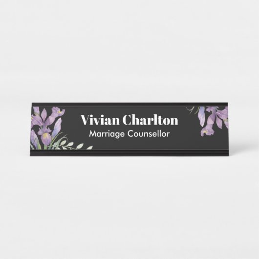 Porte-nom Pour Bureau Aquarelle Purple Irises Botanique Floral Peinture (Devant)