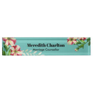 Porte-nom Pour Bureau Aquarelle rose blanc Pétunia Arrière - plan Turquo