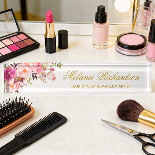 Porte-nom Pour Bureau Aquarelle rose Blush Or Floral