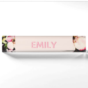 Porte-nom Pour Bureau Aquarelle rose Roses jaunes sur noir, Monogramme