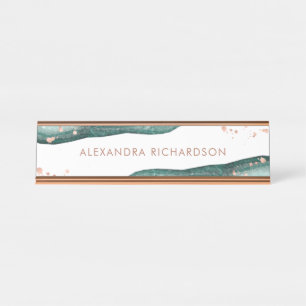 Porte-nom Pour Bureau Aquarelle Teal et or rose Geode de Faux