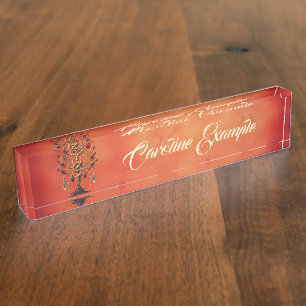 Porte-nom Pour Bureau Arbre doré de la vie aux pierres rouges