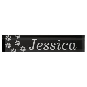 Porte-nom Pour Bureau Arrière - plan noir Silver Dog Paws Motif d'impres