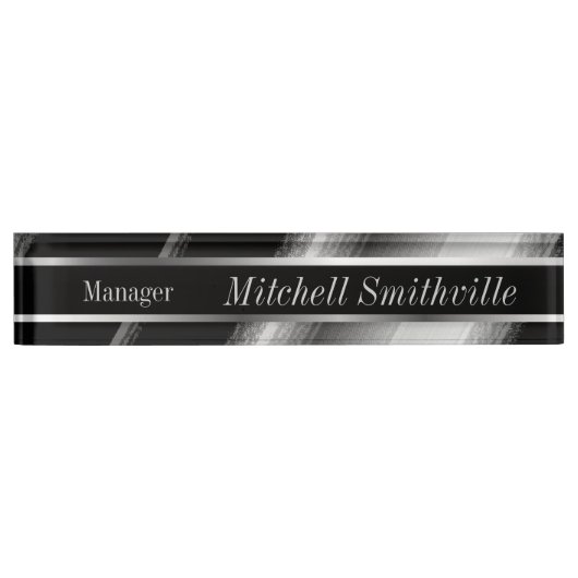 Porte-nom Pour Bureau Bandes diagonales métalliques noires et argentées (Devant)