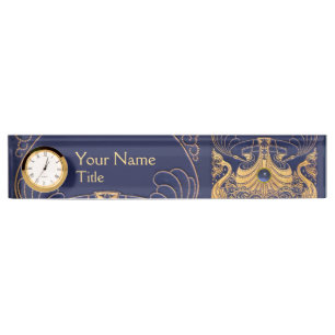 Porte-nom Pour Bureau Bateau antique, Dauphins, Or, Bleu marine Nautique
