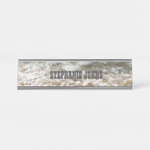 Porte-nom Pour Bureau Beach Ocean White Waves Monogramme Grey Nom person