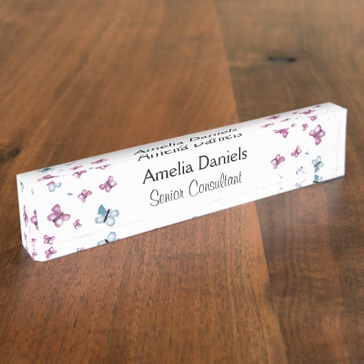 Porte-nom Pour Bureau Beau Monogramme de papillon rose et bleu (Taille)
