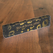 Porte-nom Pour Bureau Black & Gold Cheetah Leopard Glam Personnalisé (Taille)