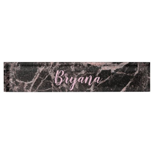 Porte-nom Pour Bureau Black & Rose Gold Pink Parties scintillant Marble (Devant)